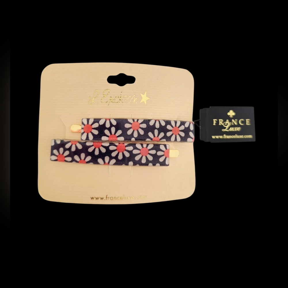 L. Erickson Floral Hair Slides - Navy with Pink-Centered Daisies